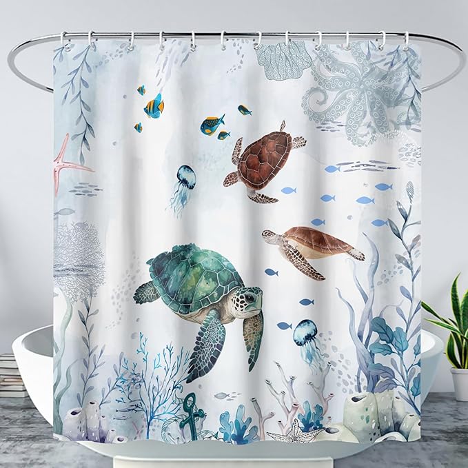AILONEN Cartoon Sea Turtle Shower Curtain Set, Blue Ocean Animals Waterproof Fabric Shower Curtain,Gouache Anchor Nautical Theme Shower Curtain Liner for Bathroom with Hooks,60" Wx72 H