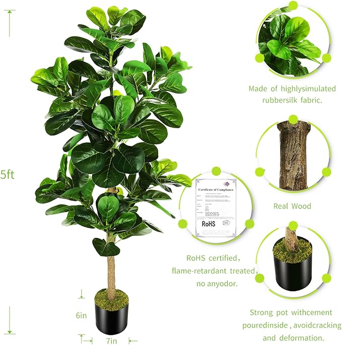5ft Artificial Fiddle Leaf Fig Tree (60in) with Plastic Nursery Pot Faux Tree, Ficus Lyrata Fake Plant for Office House Farmhouse Living Room Home Decor (Indoor/Outdoor)