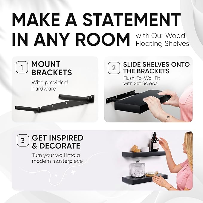 Homeforia Black Floating Shelves 24 inch, High End Solid Real Wood 24inch Bathroom Floating Shelf for Wall Mounted, Black Wooden 24in Floating Shelves, Heavy Duty Bracket, 24 X 6.5 X 1.75 in, Set of 4