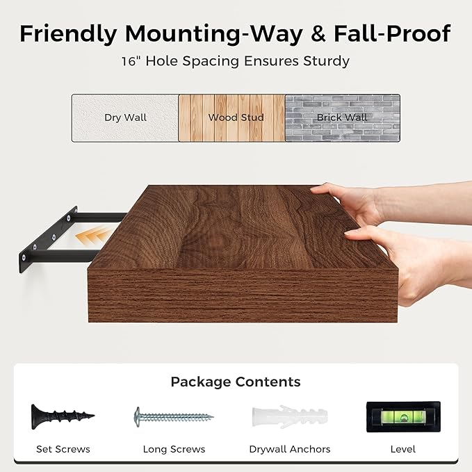 Floating Shelves 30 Inch Long, 12 Inch Deep Floating Shelf for Books, Rustic Wood 30 x 12 Storage Shelves for Wall Storage & Display, Thicked Wall Shelf for Kitchen, Living Room, Walnut Color, 1 Pack