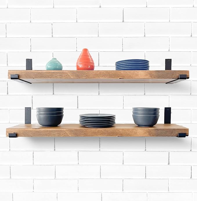 Rustic Shelves with J-Brackets Set of 2, Industrial Shelf, Kitchen Shelves, Solid Wood, Decorative Wall Storage, Heavy Duty, URBANDI (Brown, 36Wx10D)