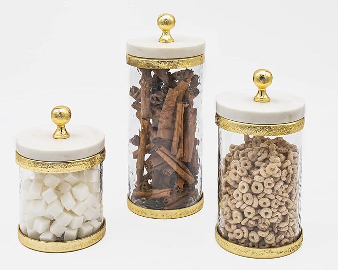 Godinger Canister Storage Container, Glass Storage Canister, Marble with Gold Band - 4x8