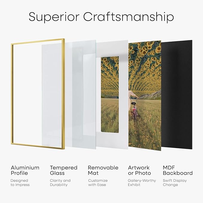 Homeforia A5 Picture Frame Gold, High End Metal 5.8 x 8.3 Frames Matted to 4.1 by 5.8 inch Photo, A5 Frame with Mat A6, 5.8x8.3 Poster Frames, 8.3x5.8 Display Frame, Tempered Glass, Wall Kit, Set of 1