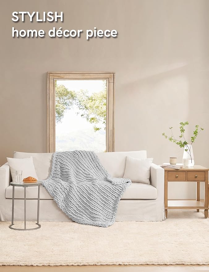 YnM Chunky Throw Blanket, Hand Knitted with Chenille Yarn, Skin Friendly, Ventilated and Breathable, Machine Washable, Home Décor Piece for Couch, Sofa and Bed (Glacier Grey, 50x60 Inch)