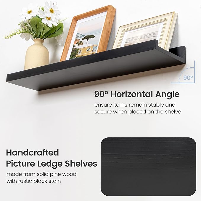 Picture Ledge Wall Shelves - 16 Inch Width Set of 3, Solid Pine Wood Rustic Floating Ledge Shelves for Kids' Room, Bedroom, Kitchen, Bathroom, Living Room, Nursery Display Decor, Black