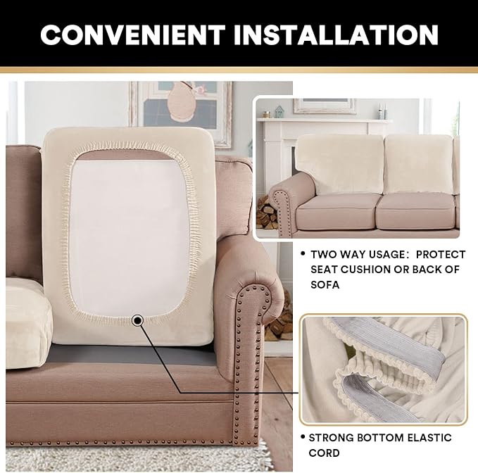 PrinceDeco Stretch Sofa Cushion Covers for Couches and Sofas,Soft Velvet Couch Seat Covers, Sofa Covers Washable, Seat Cushion Cover for 3 Couch Sofa Pet Friendly - Ivory, Each Width Up to 29.5"