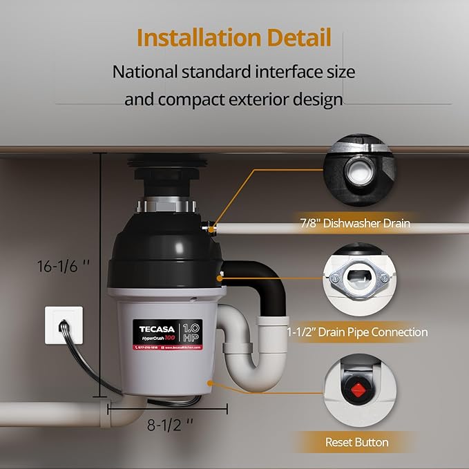 1 HP Garbage Disposal with Sound Reduction, TECASA Food Waste Disposer for Kitchen Sink, Septic Safe Garbage Disposal, Power Cord Included, Grey and Black - HyperCrush 100