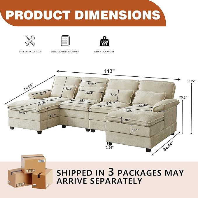 113" Oversized Cloud Couch, U Shape Sectional 4 Seat Sofa with Double Chaises, 2 Layer Cusions, Deep Seat Comfy Sofa, Upholstery Chenille Fabric for Living Room, Beige