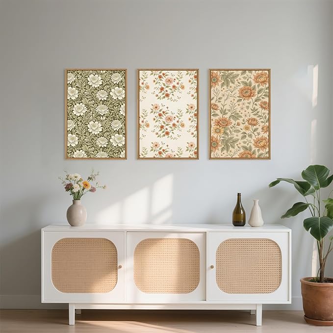 Vintage Pastoral Floral Framed Canvas Wall Art Set, Boho Colorful Flower Wall Decor, Peony Wildflower Wall Painting, Retro Botanical Art Prints for Living Room, Bedroom, Office - 16"X24"X3