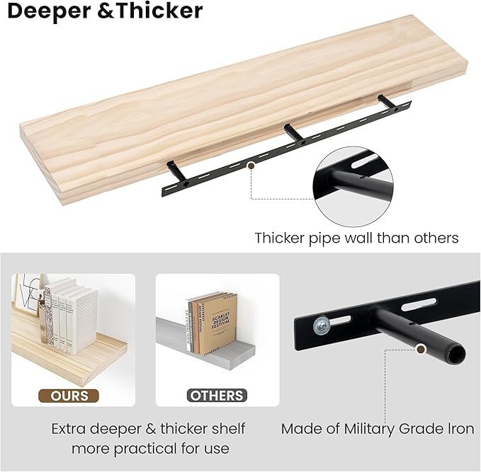 Light Wood Floating Shelves 48 Inch, 8 in Deep Single Book Shelf Floating for Wall Mounted, Heavy Duty Shelf Hold 100 lbs, Unfinished Wall Shelves for Bathroom, Living Room, Kitchen, Bedroom, Office