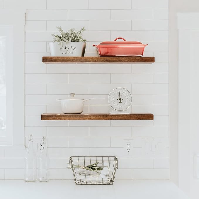 URBANDI, Rustic Floating Shelves, Set of 2, Hidden Bracket, Solid Wood, Heavy Duty, Wall Mounted Shelves, (Provincial, 12Wx12D)