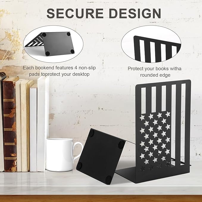 Metal Bookends for Bookshelves and Magazines - Strong Heavy Duty Book Dividers for Home, Office and School