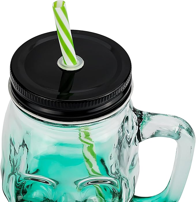 Halloween Cups Set of 4 - Green Skull Glass Drinking Jar with Lids and Straws - Halloween Decor, Drinking Glasses 16 oz