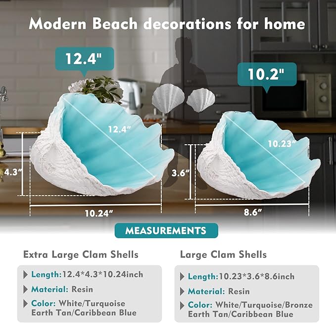 Extra Large Clam Shells Decorative Bowl-Turquoise Sea Shells Decorative Storage Bowls for Coastal Beach theme house table centerpiece decorations & Nautical decorations for coffee table -12.4"-1PC
