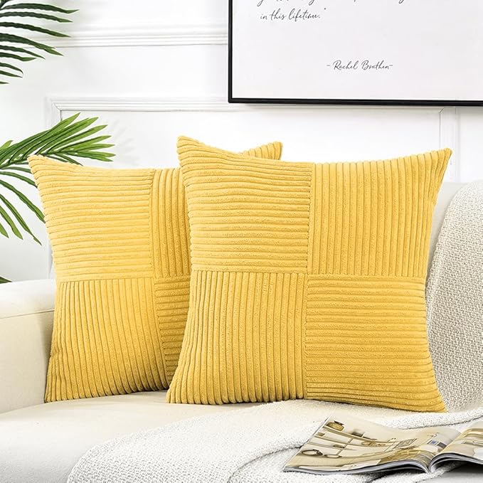 Fancy Homi 2 Packs Yellow Decorative Throw Pillow Covers 16x16 Inch for Living Room Couch Bed, Rustic Farmhouse Boho Home Decor, Soft Corss Patchwork Corduroy Textured Square Cushion Case 40x40 cm