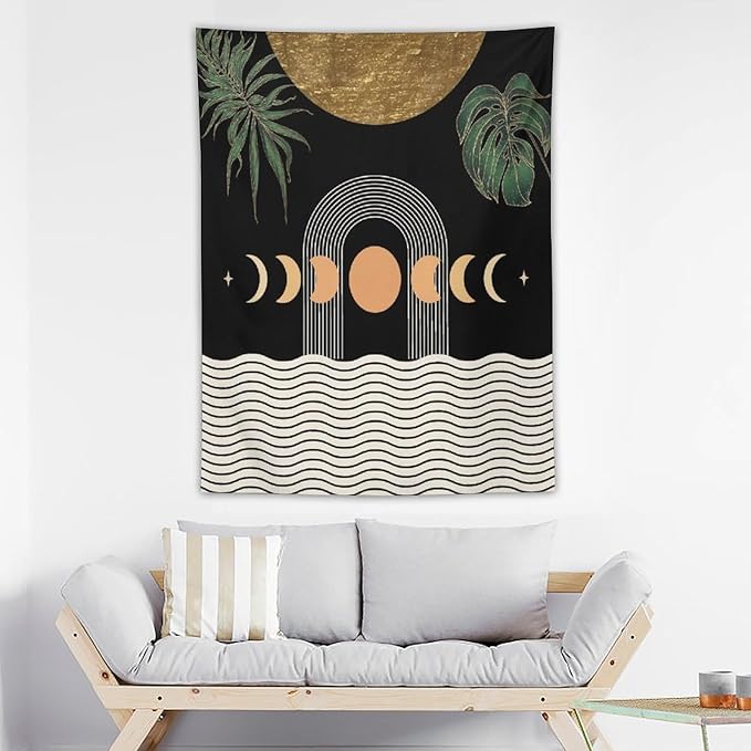 Abstract Boho Tapestry, Mid Century Tropical Tree Leaves Modern Geometric Arch Bohemian Botanical Tapestry, Home Aesthetic Wall Hanging Art Decor for Living Room Bedroom Dormitory 60x80 Inch