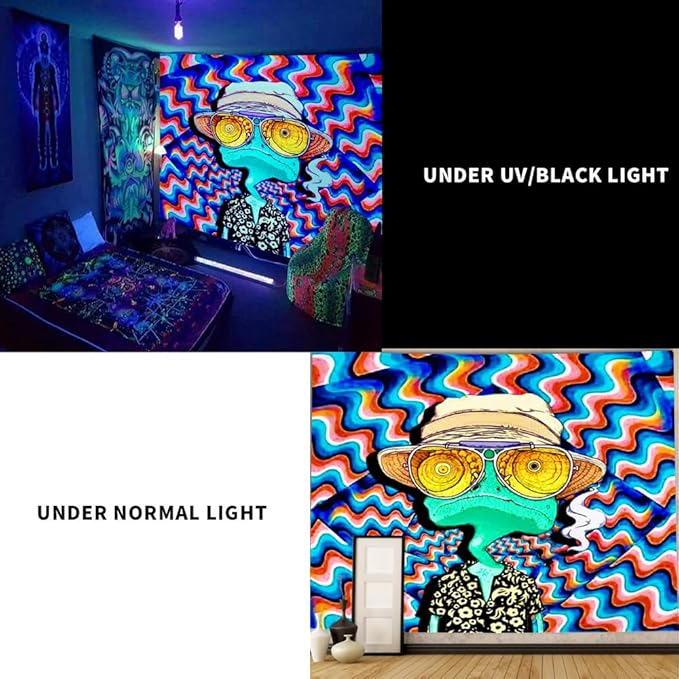 ADDWel Blacklight Frog Tapestry, Hippie Alien Tapestry Glow In The Dark, UV Reactive Black Light Upright Posters Wall Hanging for Bedroom Dorm Living Room Backdrop Decor
