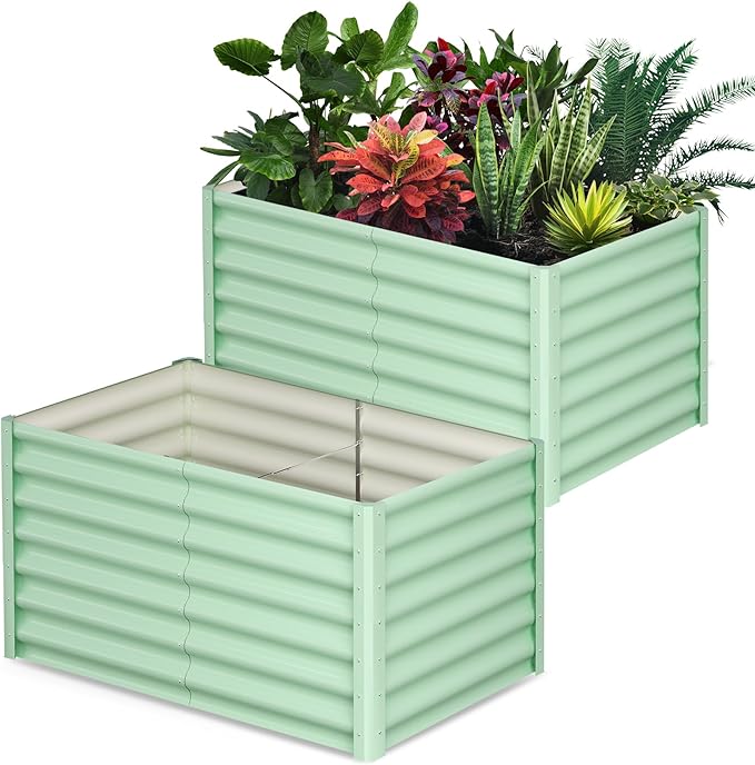 Galvanized Raised Garden Bed Outdoor, 2 Pcs 6x3x2FT Outdoor Large Planter Raised Beds Open Base with Safety Edge and Glove for Vegetables Flowers Ground Planter, Green