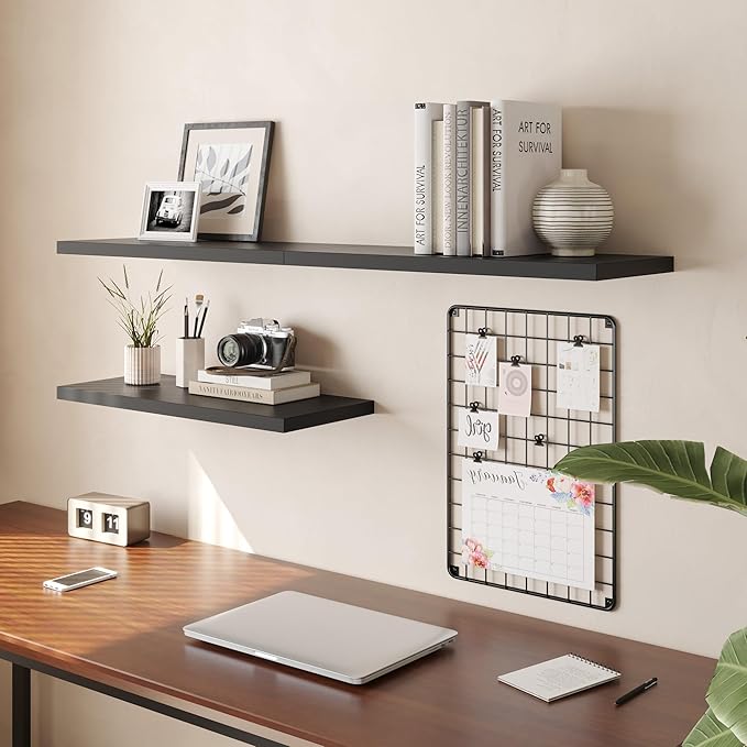 Wall Shelf Set of 2, Black Floating Shelves 30 in W x 10 in D x 1 in H, Wooden Floating Wall Shelf with Invisible Brackets for Living Room/Bedroom/Bathroom/Kitchen Storage and Decor