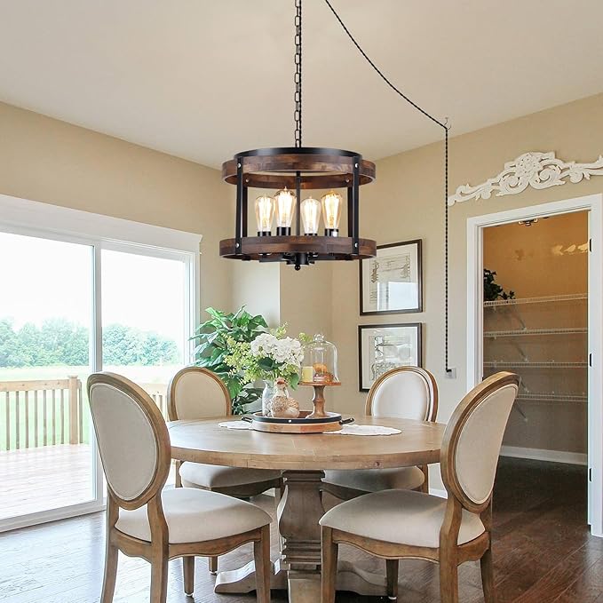 4-Light Large Rustic Farmhouse Plug in Pendant Light Fixture with Adjustable Chain, Dimmable Switch, 16.5 inch Oak Wood Drum Hanging Lamp for Dining Room Living Room Farmhouse Entry, Black