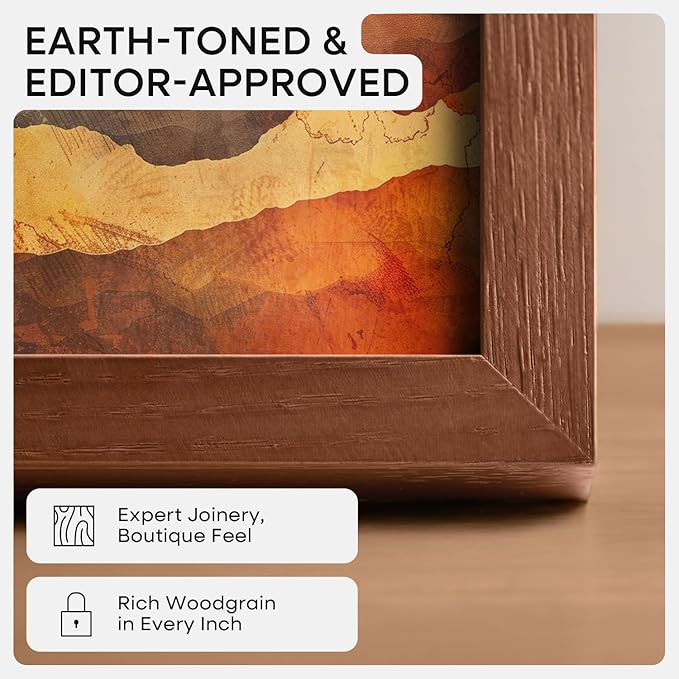 Homeforia A4 Picture Frame Brown Wood, High-End Dark Oak 8.3 x 11.7 Poster Walnut Frames Matted to 5.8 by 8.3 inch Photo, A4 Size Wooden Frame with Mat for A5 Print, Tempered Glass, Wall Kit, Set of 1