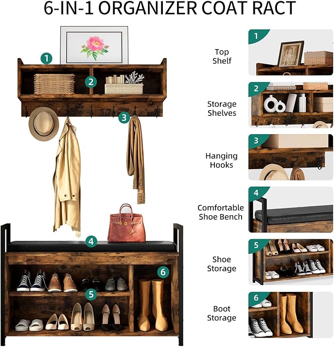 YITAHOME Hall Tree with Bench for Entryway, Wall Mount Coat Rack Shoe Bench Set, Industrial Entrance Organizer with Storage for Hallway, Rustic Brown