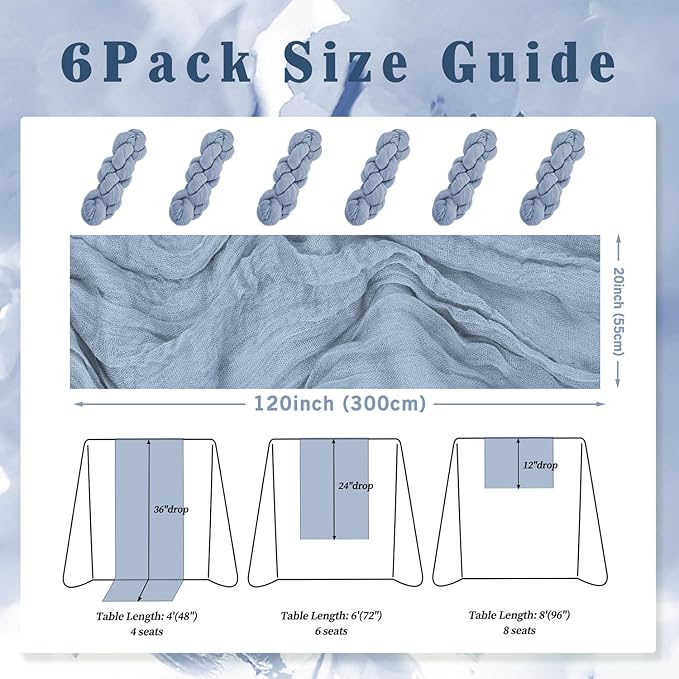 6 Pack Dusty Blue 10FT Cheesecloth Table Runner Rustic Gauze Fabric Cheese Cloth Table Runner for Wedding Bridal Baby Shower Table Decor 20 x 120 Inch Long Boho Sheer Birthday Party Table Decorations