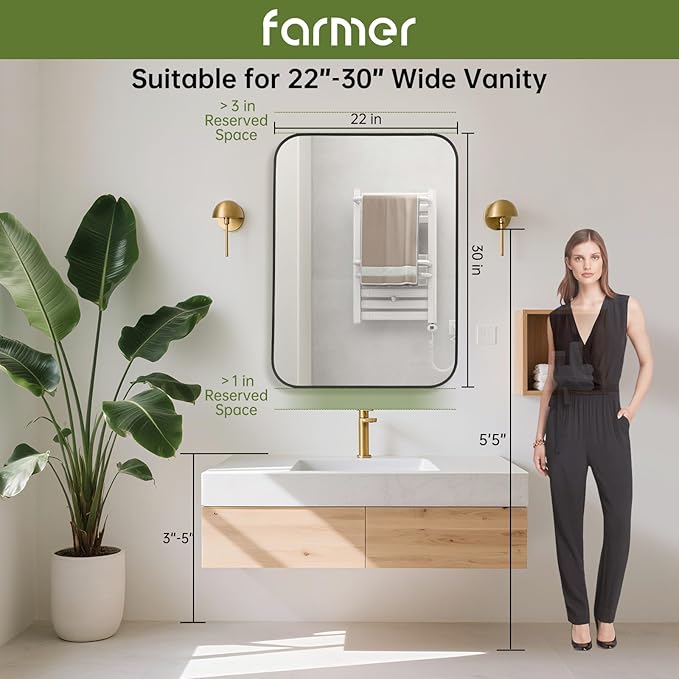 FARMER 22x30 Inch Black Bathroom Mirror, Rectangle Vanity Mirror, Brushed Mirrors for Wall, Metal Frame Hanging Mirror with Round Corner for Bedrooms, Entryways, Living Rooms, Horizontal/Vertical