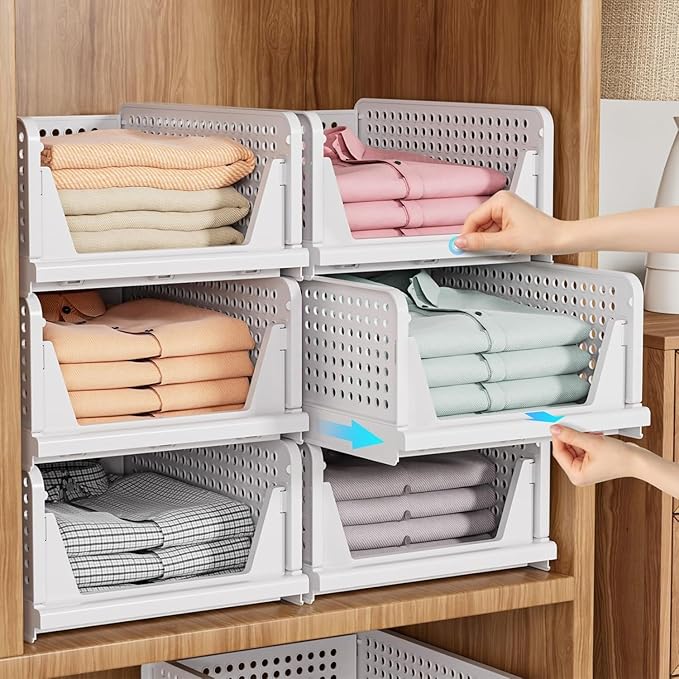 SNSLXH 5 Pack Stackable Closet Storage Basket, Multifunctional & Foldable Closet Organizer for Bathroom Kitchen Laundry Room Wardrobe Storage, Space-Saving Clothes Storage Drawer Organizer, White