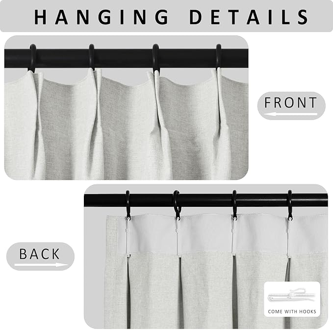 Macochico 100% Blackout Greyish White Linen Curtains 84 Inches Long Pinch Pleated Burlap Curtains for Bedroom Living Room Farmhouse Nursery Thermal Window Panels with Tieback 72”Wx84”L 1 Panel