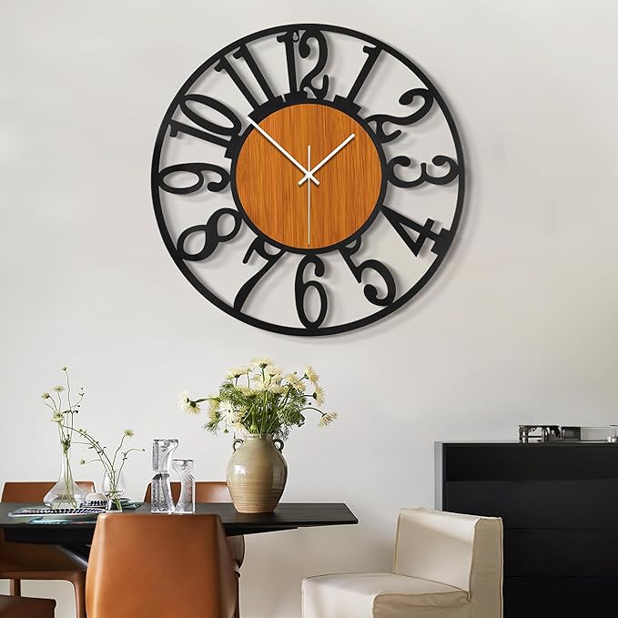 LEIKE 30" Oversized Large Wall Clocks,Silent,Non Ticking,Battery Operated Modern Round Big Wood Decorative Metal Wall Clock for Living Room, Bedroom,Kitchen,Farmhouse,Office Decor - Black,30 Inch