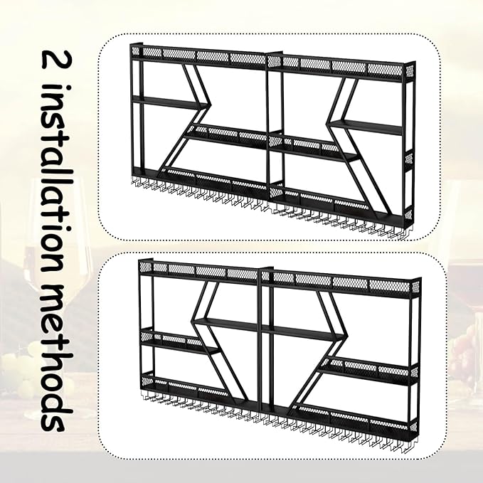 Wall Mounted Wine Rack with Glass Holder, 3-Tier Metal Storage Shelf, Black Diamond Design, Wine Bottle Display with Stemware Storage (Black, 31.49in/Right)