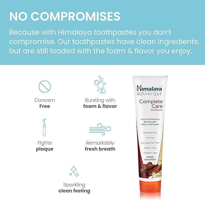 Himalaya Botanique Complete Care Toothpaste, Herbal, Cinnamon Flavor, Fights Plaque, Freshens Breath, Fluoride Free, No Artificial Flavors, SLS Free, Cruelty Free, Foaming, 5.29 Oz, 2 Pack