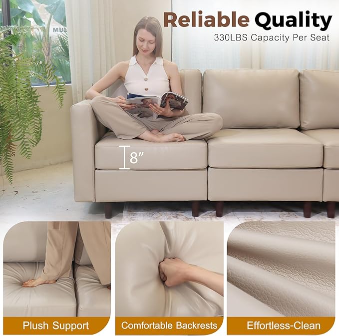 118.5" Faux Leather Modular Sectional Sofa with Storage Seat, Oversized 4 Seater Couch Deep Seat with Removable Cover Whitesand