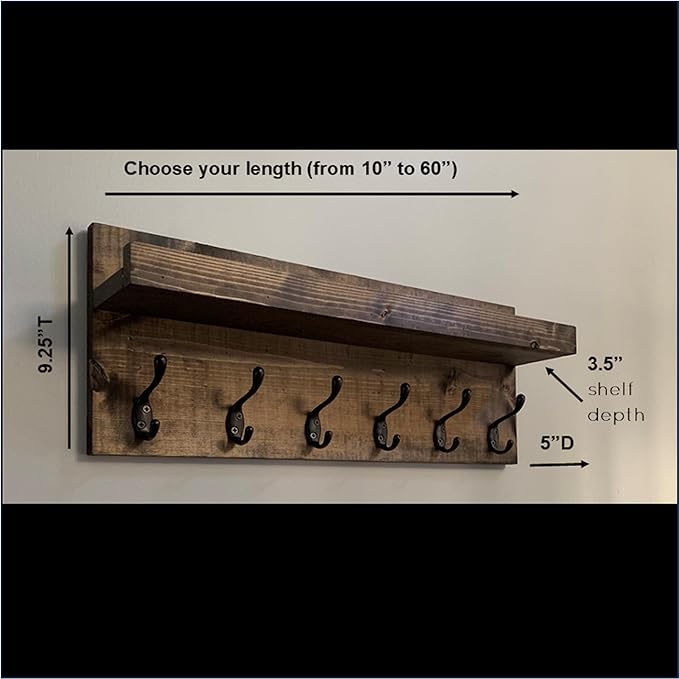 Coat Rack with Shelf Wall Mounted with Storage (Choose Your Length) Towel Rack Entryway Organizer Key Hooks (40" L (10 Hooks))