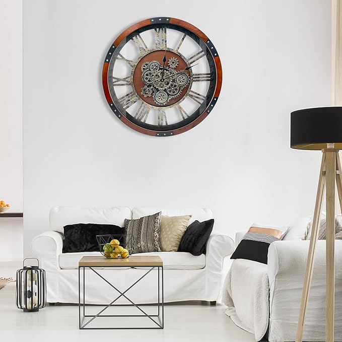 DORBOKER 27" Original Moving Gears Wall Clock, Large Industrial Wall Clock for Living Room Decor, Retro Metal Solid Wood Vintage Farmhouse Steampunk Rustic Clocks for Wall Decor,Black Walnut