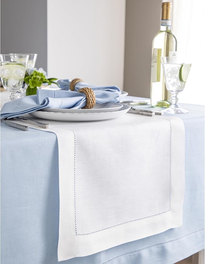 Solino Home Linen Table Runner 90 Inches Long - Classic Hemstitch 100% Pure Linen White Dining Table Runner 14 x 90 Inch for Fall, Autumn, Halloween, Thanksgiving
