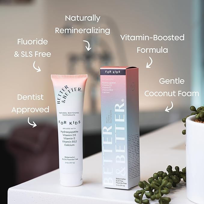 Better & Better Kids Toothpaste | Natural Hydroxyapatite Toothpaste Infused w/Calcium & Vitamins D, E, B12 | Fluoride & SLS Free for Sensitive Brushers | Watermelon Flavor | 3.4oz, 3 Pack