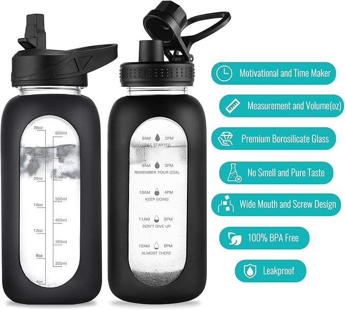 32 oz Glass Water Bottle with Straw and Handle, Sports Motivational Water Flask with Silicone Sleeve, Large Leakproof Water Flask Cup with Time Marker for Travel, Gym, Blush