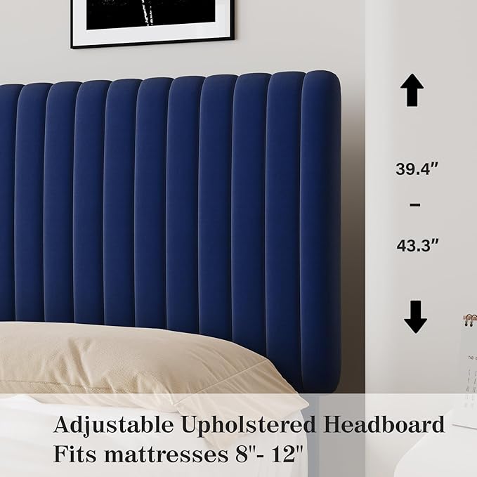 King Size Bed Frame and Headboard, Velvet Upholstered Platform Bed with Vertical Channel Tufted Headboard and Footboard, No Box Spring Required, Easy Assembly, Blue
