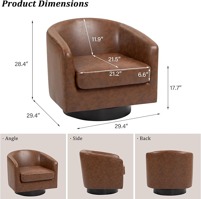 Swivel Barrel Accent Chair, Modern Round Faux Leather Arm Chair for Living Room, Bedroom, Comfy Club Reading Chairs for Adults(Faux Leather, Coffee, Set of 4)