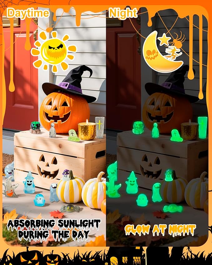 72 Pcs Halloween Mini Resin Animals Figures Kit - Luminous Tiny Resin Figurines Accessories, Glow in The Dark Miniature Ghost Figurines for Halloween Party, Micro Landscape, Tabletop Decor
