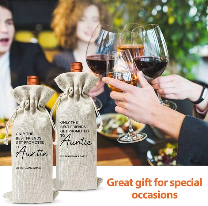 Pairs Well With Becoming Auntie Wine Gift Bag, Wine Bag for Pregnancy Announcement, New Aunt for Baby Announcement, Cotton Linen Wine Gift Bag With Drawstring