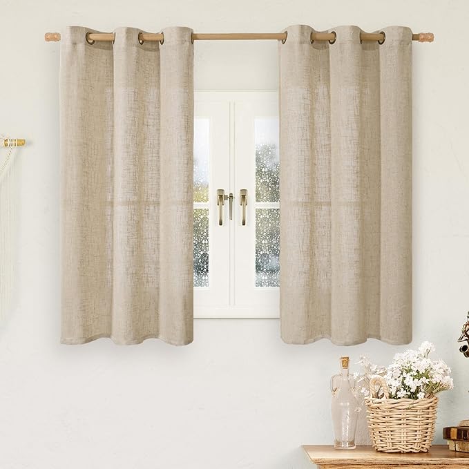 LAMIT Brown Sheer Linen Curtains 48 inches Length 2 Panels, Short Light Filtering Linen Textured Curtains for Kitchen/Window/Cafe/Loft Room, 34 x 48 Inch