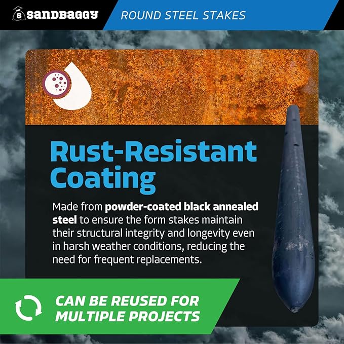 Sandbaggy Round Steel Concrete Form Stakes with Nail Holes - Rust Resistant Coating - Removable, Reusable (5, 3/4 in X 12 in)