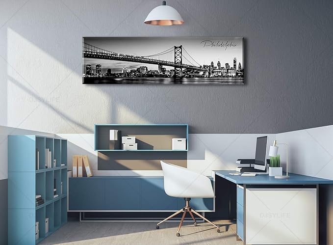DJSYLIFE- Philadelphia Skyline Wall Art,Black and White Stretched Canvas Wall Art Prints for Bedroom or Office Decoration, Ready to Hang 13.8"x47.3"