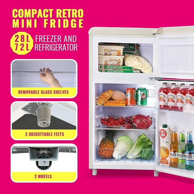 Mini Fridge Dual Door Refrigerator with Freezer, 3.5 Cu.Ft Compact Refrigerator with Handle, Adjustable Temperature & Removable Glass Shelves, for Apartment/Dorm/Office/RV, Black