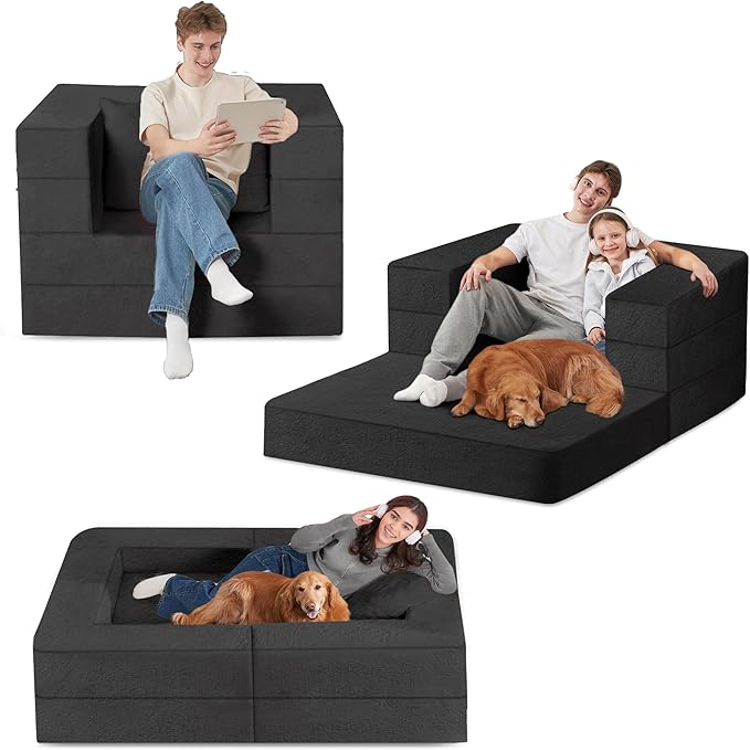 Folding Bean Bag Chair for Adults,3-in-1 Bean Bag Couch Faux Fur Floor Sofa Large Beanbag Convertible Bean Bag Sofa Bed with Pillow in Bedroom,Living Room,Apartment(Twin,Black)