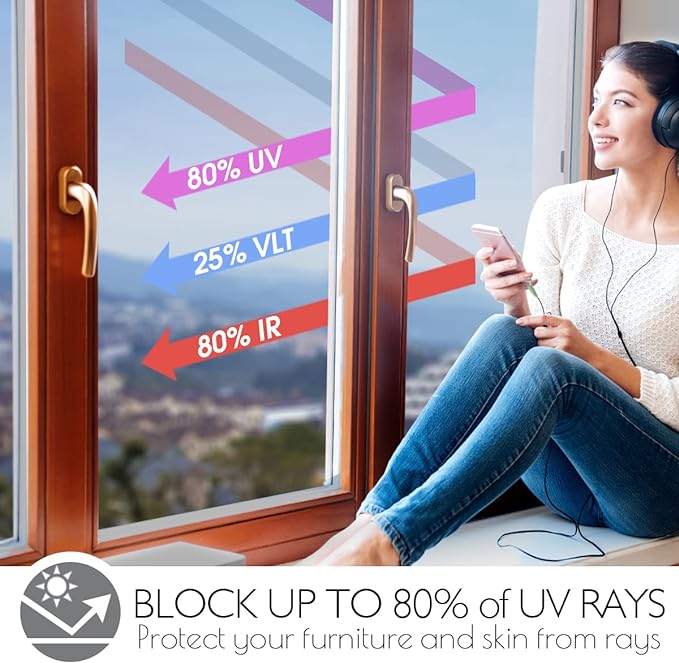 HIDBEA Window Film Daytime Privacy, Heat Control UV Blocking Reflective One Way Mirror Window Tint for Home, Non-Adhesive Self Static Cling Window Stickers (Silver, 35.4 Inch × 6.5 Feet)