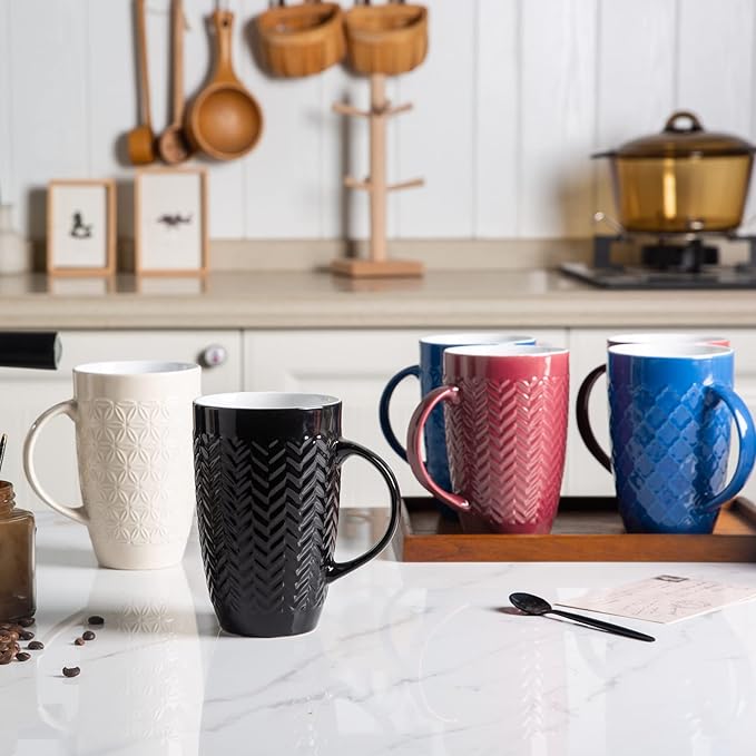AmorArc Extra Large Coffee Mugs Set of 6, 20oz Ceramic Tall Coffee Mugs with Textured Geometric Patterns for Latte/Tea/Beer/Hot Cocoa, Dishwasher & Microwave Safe, Burgundy